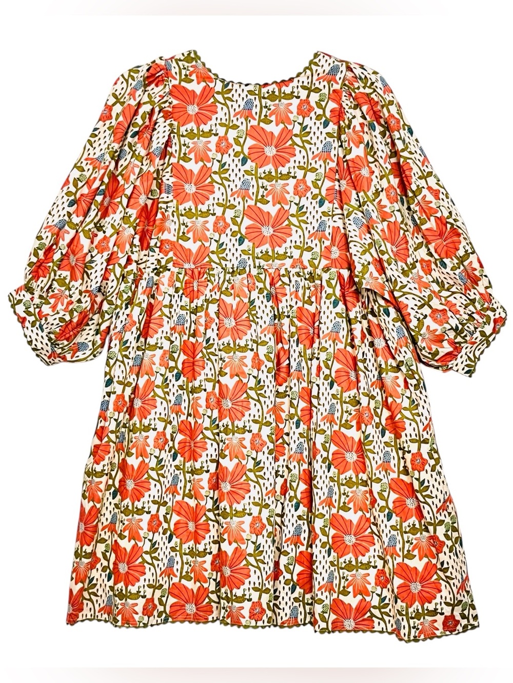 Gigio Babydoll Dress Coral Cream Floral Puffy Balloon Sleeve Pockets S Made/USA - Picture 10 of 16